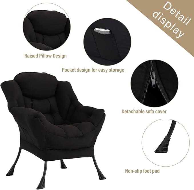 Welnow Lazy Chair for Living Room, Modern Reading Lounge Accent Chair with Armrests and a Side Pocket, Leisure Upholstered Lazy Sofa for Small Space, Bedroom, Dorm, Black