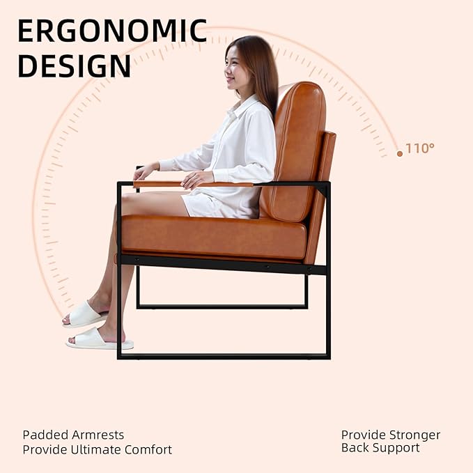 Phoenix Home Mid Century Modern Faux Leather Accent Chair Set of 6, Metal Framed Armchair with Extra Soft Removable Seat Cushion & Backrest for Living Room Bedroom Waiting Room, Easy to Clean, Brown