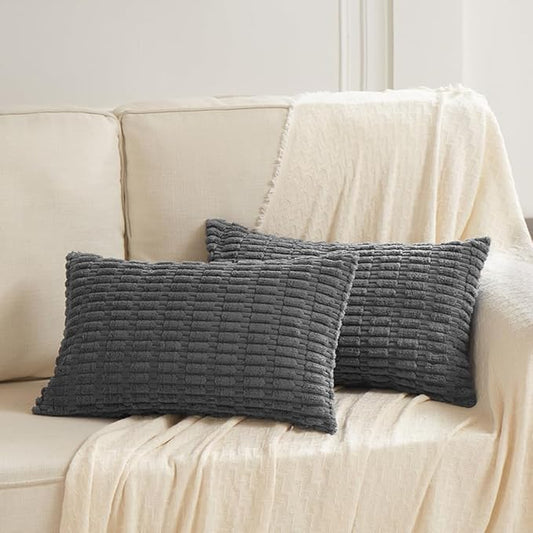 Fancy Homi 2 Packs Dark Grey Lumbar Decorative Throw Pillow Covers 14x24 Inch for Living Room Couch Bed Sofa, Rustic Farmhouse Boho Home Decor, Soft Striped Corduroy Rectangle Cushion Case 35x60 cm