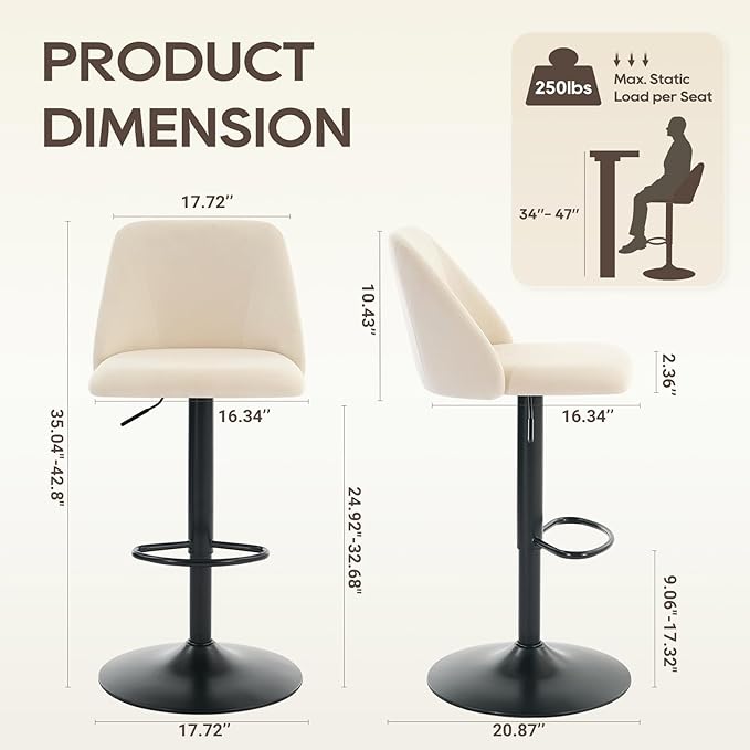 COLAMY Bar Stools Set of 2, Modern Swivel Bar Chairs, Adjustable Upholstered Barstools Counter Height with Full Backrest for Bar, Dining Room, Kitchen Island, Beige