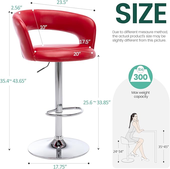 Brage Living Wide Bar Stool, Modern PU Leather Swivel Adjustable Barstool with Hollow Back and Arms, Upholstered Airlift Counter Height Bar Chair for Kitchen Dining (Red)
