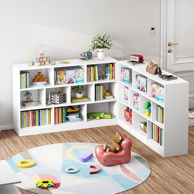 IOTXY Open Shelf Low Bookcase - Wooden 3-Tier Floor Standing Display Cabinet Organizer with Base, 7 Cubes Short Horizontal Bookshelf in Pear Yellow