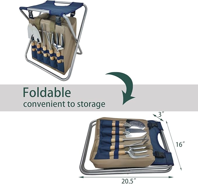 Garden Folding Gardener Stool with Gardening Tools Insulation Garden Bags Plus 5 Garden Tools and Gardening Kneeler Ideal Gift for Mother's Day/Father's Day (Navy Blue)