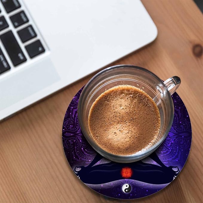 Meditating Woman in Lotus Pose Cup Coasters Set of 2 Aura Glow Spiritual Colorful 9 Chakras Mandala Wooden Table Apartment Decor 100% Diatomite for Drinking Glasses,4 Inches