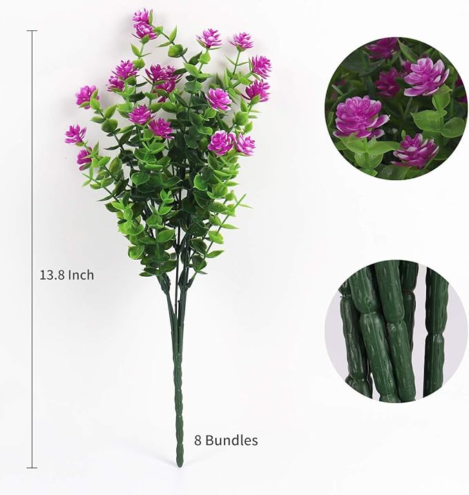 RECUTMS 8 Bundles Artificial Flowers Outdoor UV Resistant Plants Fake Greenery Foliage Shrubs for Indoor Outside Hanging Plants No Fade Faux Plastic Plants Garden Porch Window Box Décor (Fuchsia)