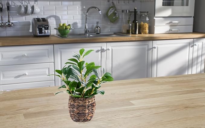 Artificial Vibrant Plants 14.2 inches Tall Fake Outdoor Greenery Plants with Ficus Leaves in Brown Rattan Planter for Indoor Home Office Garden Modern Decoration Ideal Housewarming Gift