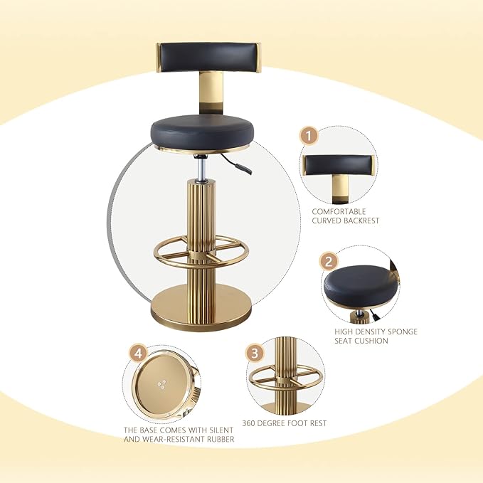 FUNROLUX Swivel Bar Stools with Backrest, Modern Adjustable Height Counter Stool with Metal Legs and Comfortable Cushion, Black and Gold Bar Chair for Kitchen Island Counter (Black)