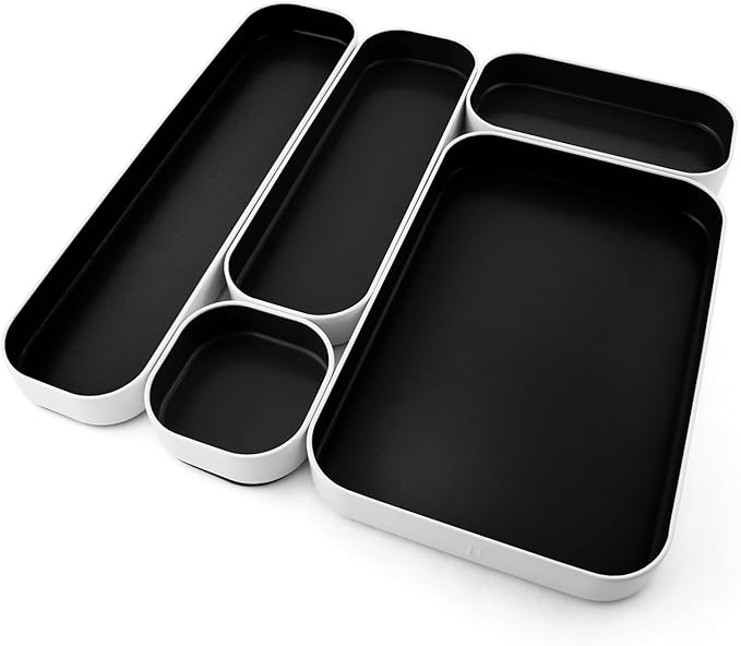Three by Three Seattle 5 Piece Metal Organizer Tray Set for Storing Makeup, Stationery, Utensils, and More in Office Desk, Kitchen and Bathroom Drawers (1 Inch, Black)