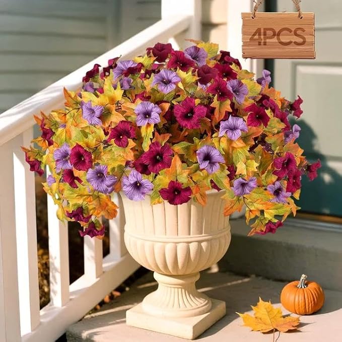 4 Pcs Artificial Fall Fake Flowers Plants for Outdoor Decoration,No Fade Faux Petunias,UV Resistant Realistic Autumn Silk Flowers,for Home Garden Balcony Yard Porch Deco (Burgundy Purple)