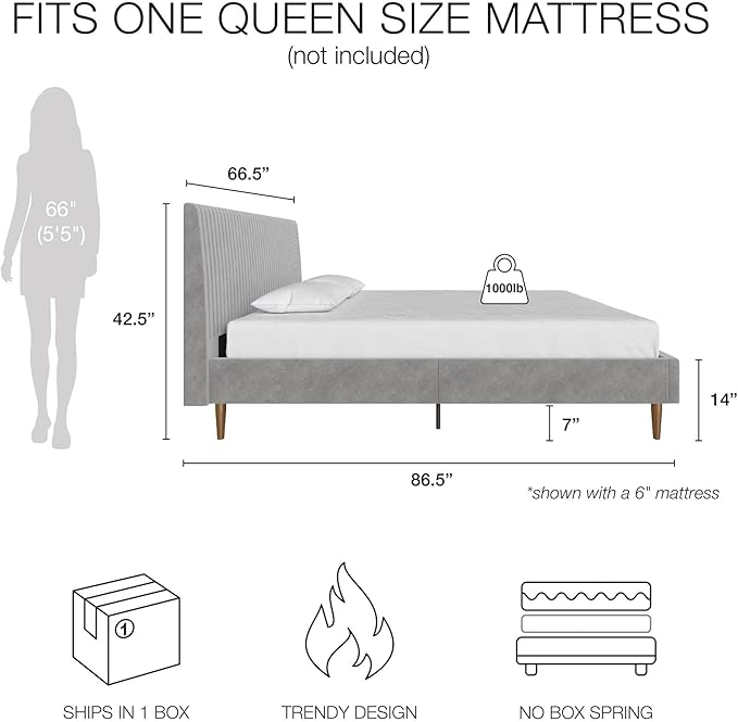 Mr. Kate Daphne Upholstered Queen Bed Frame with Headboard, Modern Platform Velvet Queen Bed Frame, Light Gray Velvet