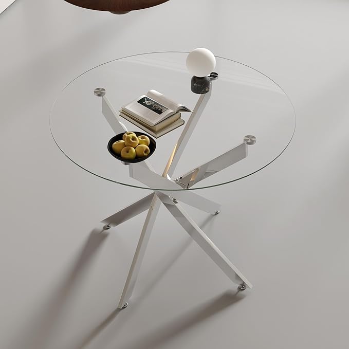 Round Glass Dining Table with Chromed Crossed Legs, 31.5" Modern White Glass Kitchen Table for Dining Room Kitchen, Silver