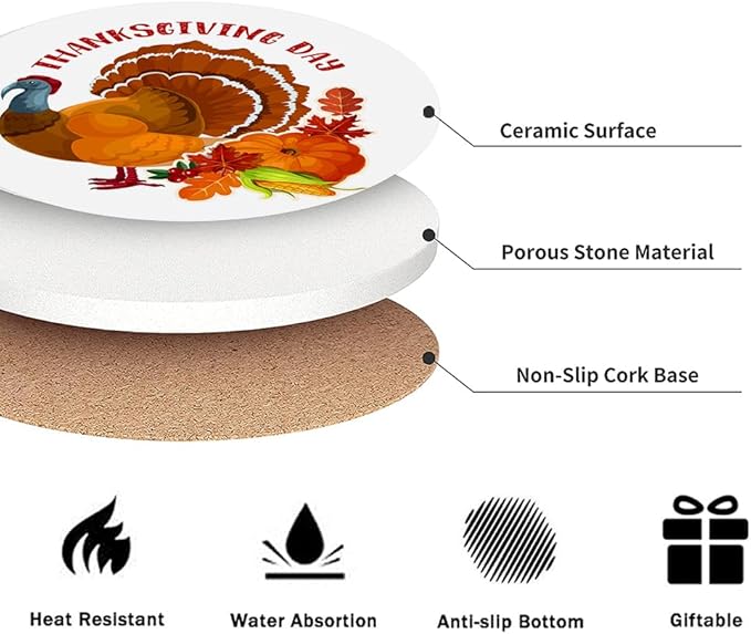 Thanksgiving Day Drink Absorbent Coasters with Holder Set of 6, Ceramic Stone with Cork Base, Turkey and Pumpkin Coaster for Drinks, Gift for Housewarming Room Bar Home Decor Kitchen