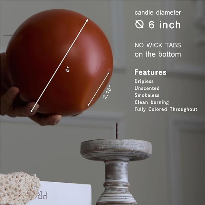 MOZEAL Hand-Poured, 6 Inch Burnt Orange Large Round Ball Candles - Elegant Burnt Orange Round Pillar Candles, Dripless, Unscented, Smokeless, Ideal for Autumn Gatherings.