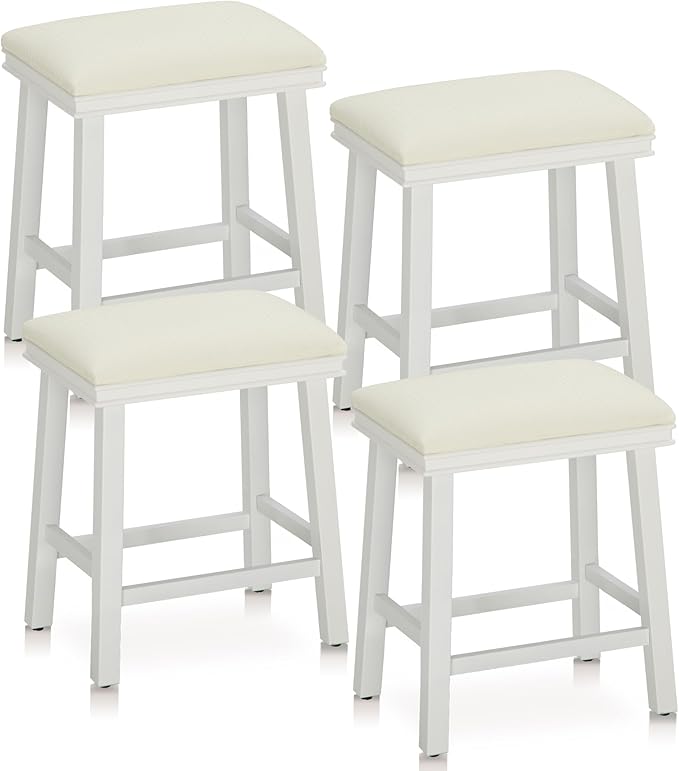 PHI VILLA White Bar Stools Set of 4 - Solid Wood Legs Counter Height Barstools, 24 inch Kitchen Counter Island Stools
