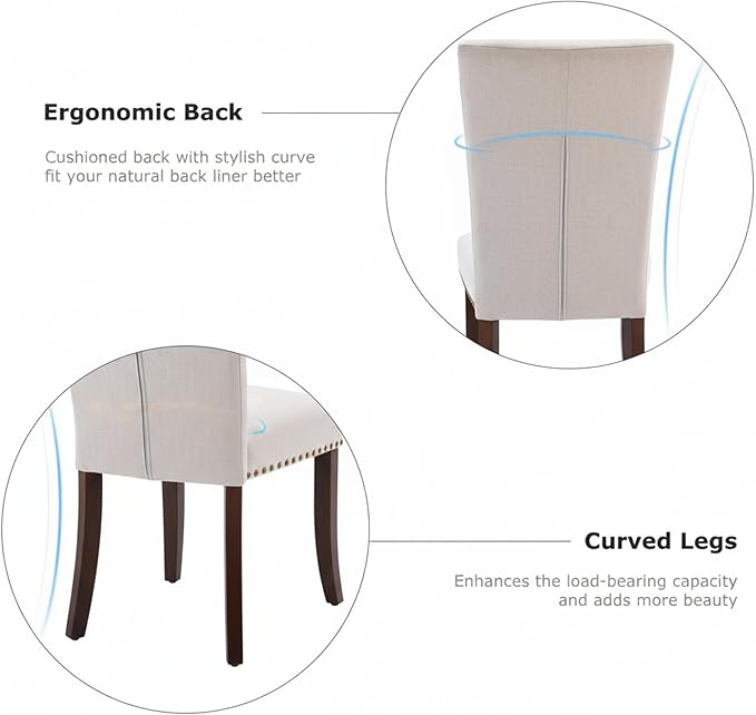 Set of 2 Beige Upholstered Dining Chairs – Farmhouse Kitchen Chairs with High Back, Solid Rubberwood Legs, Padded Foam Seat & Bronze Nailhead Trim, Comfortable Dining Room Chairs for Home, Living Room