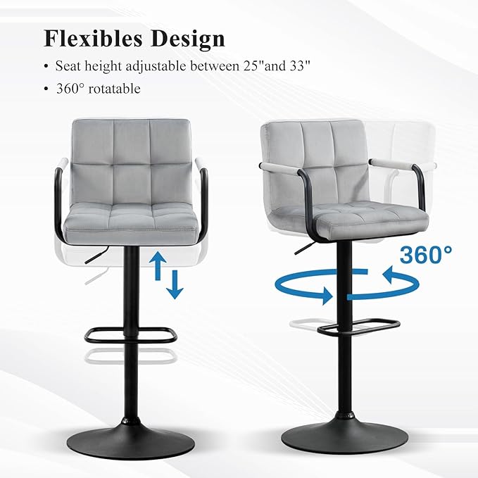 Furniliving Bar Stools Set of 2 with Armrest, Adjustable Square Velvet Barstools for Kitchen Counter, 360°Swivel Counter Barstools for Dining Room(Grey)