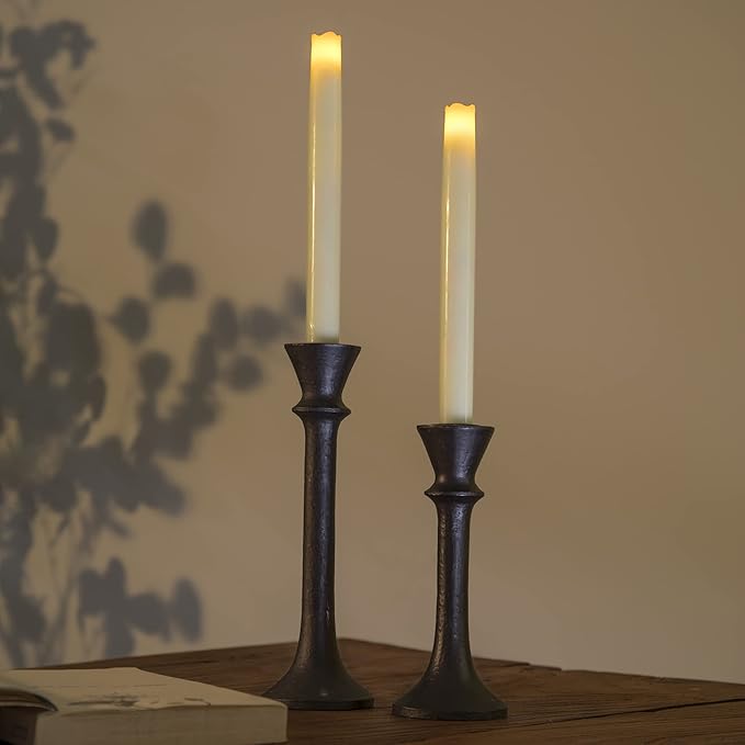 JT17008 Rustic 2 Pack Candlestick Decorative Taper Candle Holder for Table Centerpiece, 7" x 9", Brown