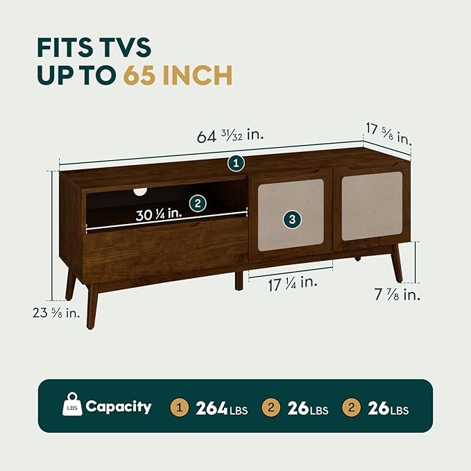 Bme Calista TV Stand 1 Drawer 2 Door – Chestnut Finish Media Console with Open Shelf & Fabric Panel Doors, Mid-Century Modern Style with Tapered Legs, Easy Assembly