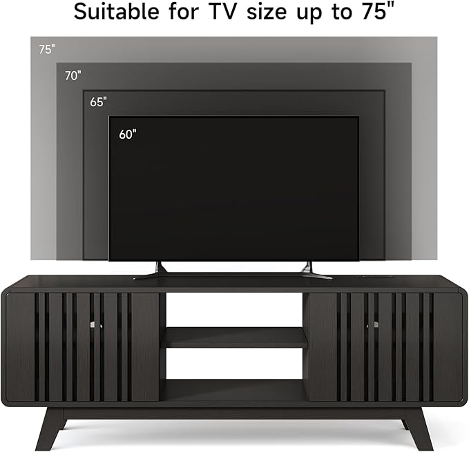 ONBRILL 63-Inch TV Stand for TVs up to 75 Inch, Mid-Century Modern Television Stand with Power Outlet， Entertainment Center with Sliding Grille Door Cabinets and Open Shelves for Living Room, Black