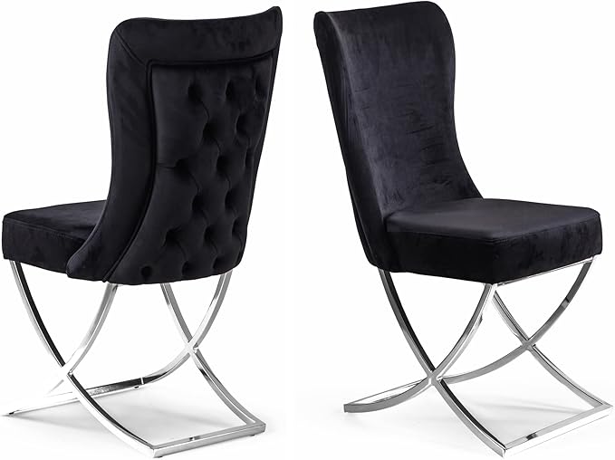 Ottomanson Royal Dining Chairs Set of 4 – Upholstered Tufted Microfiber, Assembled, Silver Metal Legs, Beech Wood Frame, 350 lb Capacity, Black