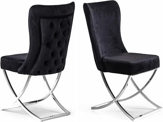 Ottomanson Royal Dining Chairs Set of 4 – Upholstered Tufted Microfiber, Assembled, Silver Metal Legs, Beech Wood Frame, 350 lb Capacity, Black