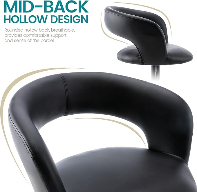 Brage Living Wide Bar Stool, Modern PU Leather Swivel Adjustable Barstool with Hollow Back and Arms, Upholstered Airlift Counter Height Bar Chair for Kitchen Dining (Black, Matte Black Base)