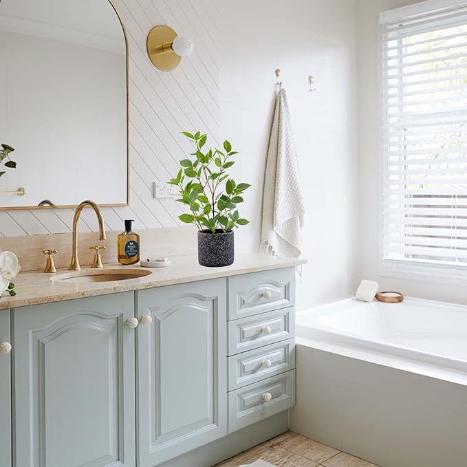 18'' Fake Plant Ficus Greenery with Silk Leaves Artifical Potted Small Banyan Tree in Special Pattern Cement Planters for Home Decor Office Living Room Bedroom Indoor Outdoor