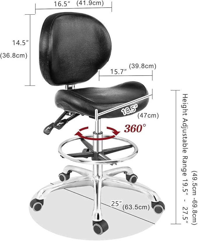 Drafting Chair Adjustable Tall Shop Stool, Rolling Chair with Backrest and Footrest for Computer, Studio, Workshop, Classroom, Lab, Counter, Home Office (Black)