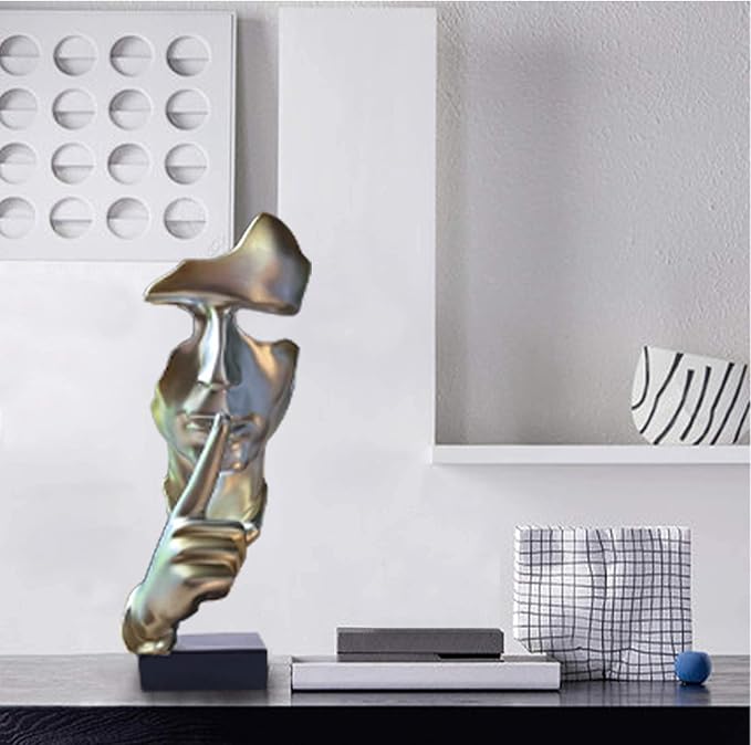 aboxoo Abstract Statues Silence is Gold Decorative Objects,Modern and Simple Resin Figurine,Desk Decoration for Office Home Piano Decor. (Silver)