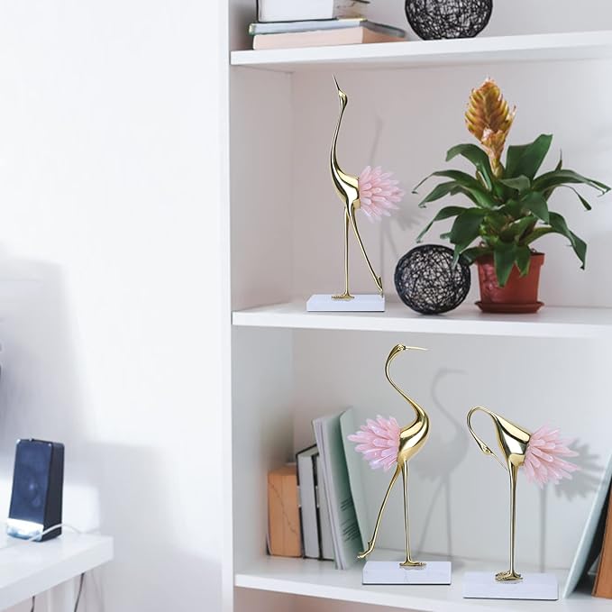 suruim Gold Decor Accents,Brass Birds Statues Gold Home Decor Modern Crystal Decor Ornaments for Living Room, Bedroom, Office Desktop, Cabinets (Pink C)