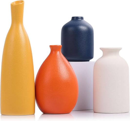 Colorful Ceramic Bud Vases Set of 4 - Modern Yellow, Orange, Blue Small Vases for Home Decor - Ideal for Living Room, Kitchen, Office, Bathroom, Mantle, Entrance, Farmhouse & Coffee Table Decorations