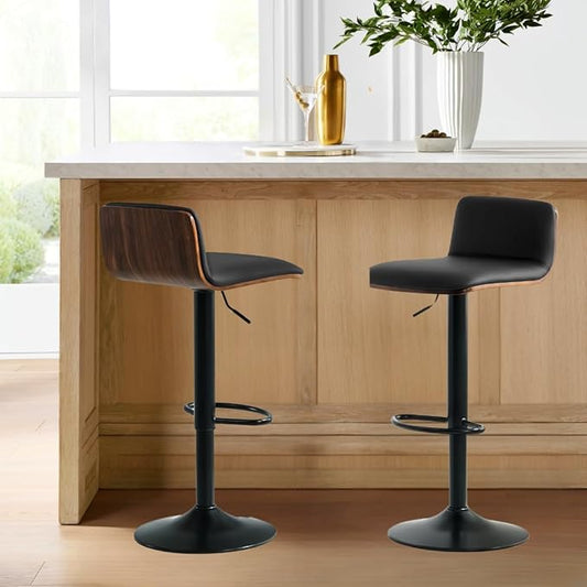 Set of 2 Swivel Bar Stools Adjustable Height, Faux Leather Barstools with Wooden Back and Footrest, Counter Height Bar Height Chairs for Kitchen Island, Dining Room, Black