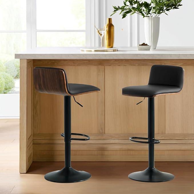 Set of 4 Swivel Bar Stools Adjustable Height, Faux Leather Barstools with Wooden Back and Footrest, Counter Height Bar Height Chairs for Kitchen Island, Dining Room, Black