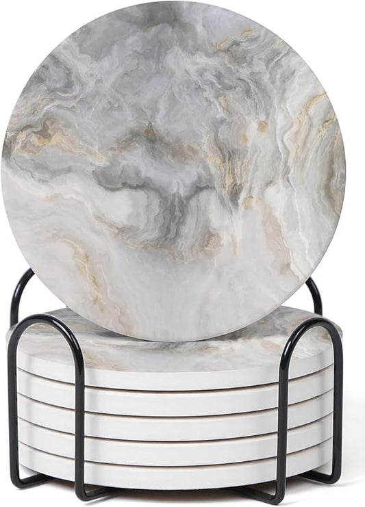 Set of 6 Abstract Gray White Marble Coasters with Holder, Absorbent Ceramic Coasters for Drinks, Coasters with Cork Backing for Table Protection, Housewarming Gifts for New Home