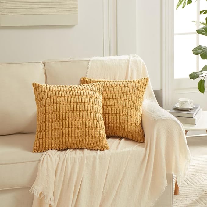 Fancy Homi 2 Packs Mustard Yellow Lumbar Decorative Throw Pillow Covers 14x14 Inch for Living Room Couch Bed, Rustic Farmhouse Boho Home Decor, Soft Striped Corduroy Rectangle Cushion Case 35x35 cm