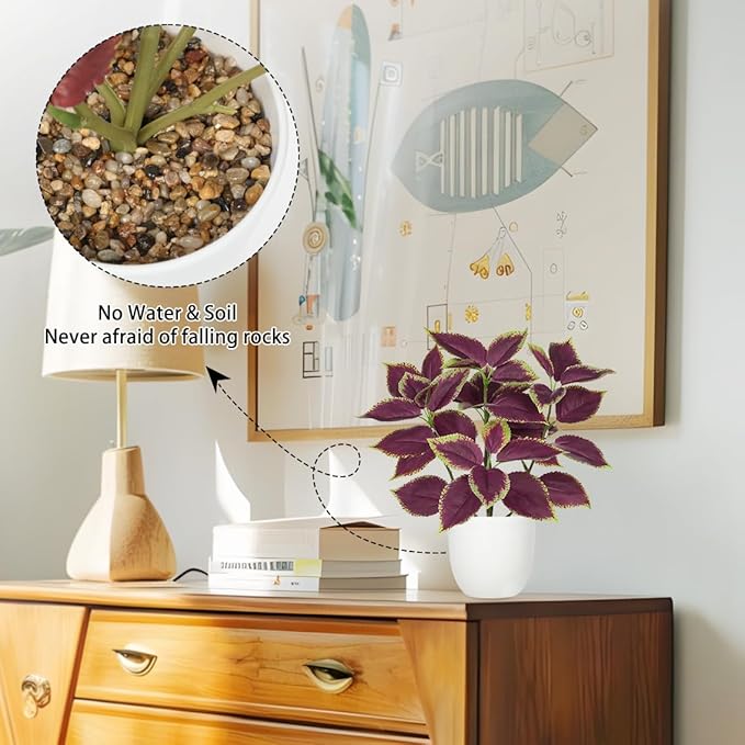 Artificial Plants Indoor 14.2" Small Fake Perilla Plant in Pot Potted Plants Artificial Decor Faux House Plant with White Pot for Farmhouse Home Office Bathroom Living Room Table Shelf Decor