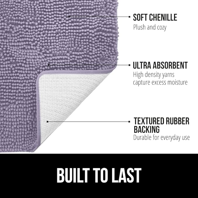 GORILLA GRIP Bath Rug Mat 30x20, Soft Absorbent Chenille, Quick Dry Microfiber Mats, Rubber Backing Washable Shower Floor Rugs, Bathmat Runner, US Designed Bathroom Decor Accessories Light Purple