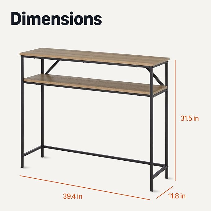 Amazon Basics Rectangular Console Table with Storage Shelf, Steel Frame, 11.8" D x 39.4" W x 31.5" H, Oak Finish