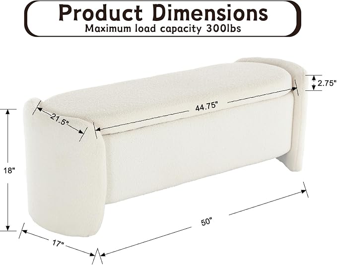 Modern White Storage Ottoman Bench - Upholstered Boucle Teddy Fabric, 50" End of Bed With Sherpa Seating for Bedroom/Entryway/Living Room/Window