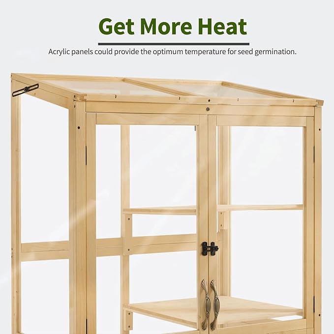 Macrout Cold Frame Greenhouse, Tall Wooden Greenhouse for Outdoor Indoor Use with Polycarbonate Panels, 3 Tier Garden Cold Frame with Drawer and Shelves, 0864 (Natural)