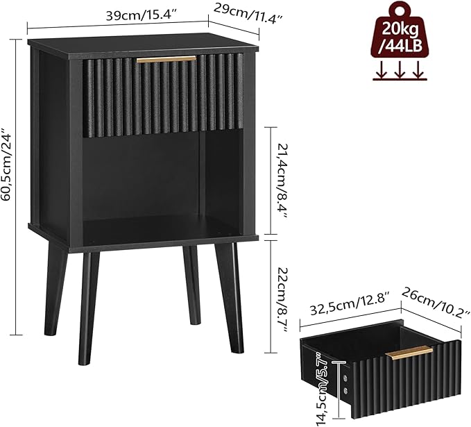 End Table, Fluted Night Stand, Modern Side Table, Bedside Table with 1 Drawer and 1 Open Compartment, Mid Century Nightstand, for Living Room, Bedroom, Study, Office, Black ETBK6201