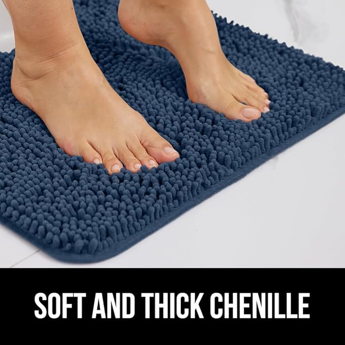 GORILLA GRIP Plush Absorbent Shaggy Chenille Bath Rug Mat for Oval Toilet Base with Rubber Backing, Machine Washable Rugs, Soft Microfiber Contour Mats for Toilets, Bathroom Decor, Navy Blu
