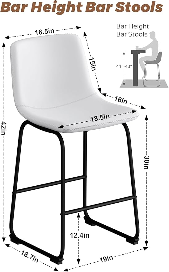Bar Stools Set of 2, 30inch Bar Height Bar Stools with Back, Modern Faux Leather Bar Stools with Metal Legs and Footrest, Urban Armless Bar Chairs for Kitchens Island (White)
