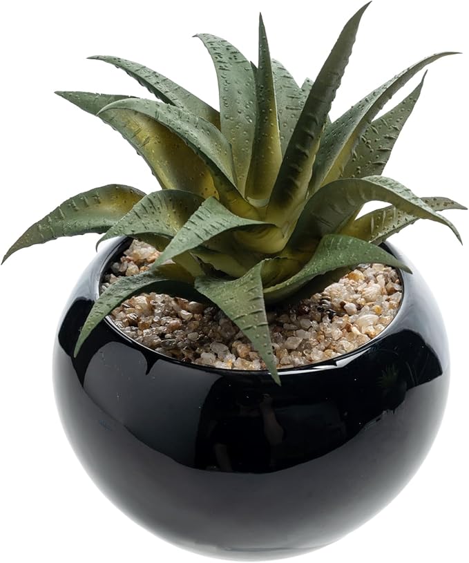 MyGift Mini Assorted Artificial Succulents in Round Black Ceramic Pots, Mixed Realistic Indoor House Plants, Set of 3