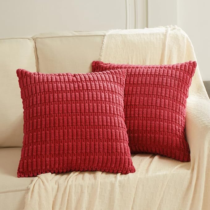 Fancy Homi 2 Packs Red Decorative Throw Pillow Covers 22x22 Inch for Living Room Couch Bed Sofa, Rustic Farmhouse Boho Home Decor, Soft Striped Corduroy Square Cushion Case 55x55 cm