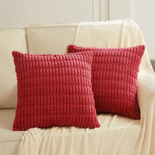 Fancy Homi 2 Packs Red Christmas Decorative Throw Pillow Covers 18x18 Inch for Living Room Couch Bed Sofa, Christmas Home Decor, Soft Striped Corduroy Square Cushion Case 45x45 cm