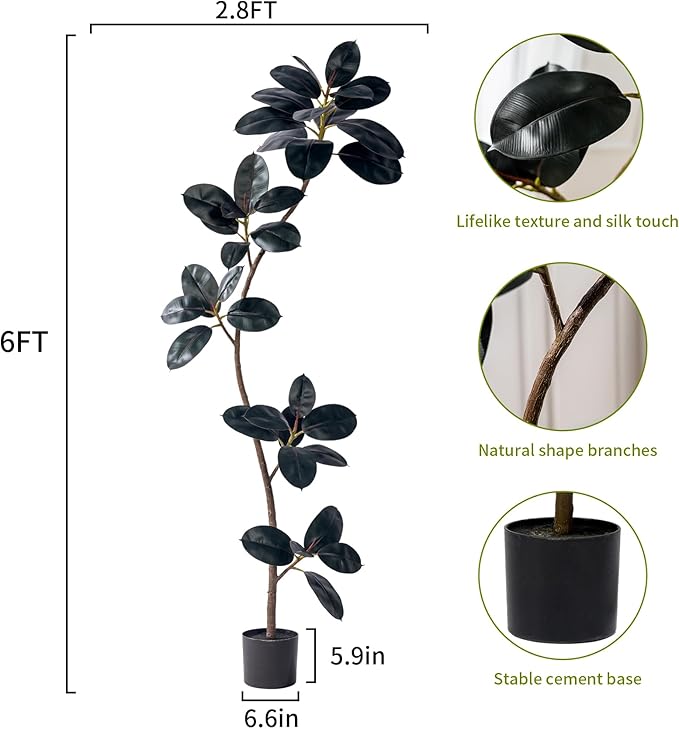 6ft Artificial Rubber Tree Faux Plants Indoor Faux Floor Artificial Trees Indoor,Fake Plant Fake Tropical Plants,Large Floor,Real Touch Rubber Tree for Home Decor