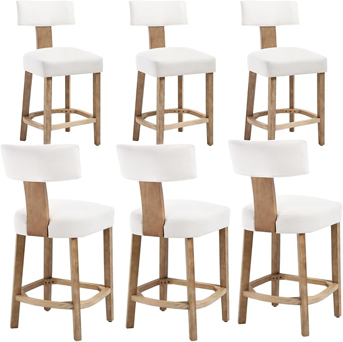 Linen Bar Stools Set of 6, Upholstered 27.7'' Counter Height Barstools with Curved Back, Farmhouse Wood Bar Chairs for Breakfast, Kitchen Island, Cafe, Cream