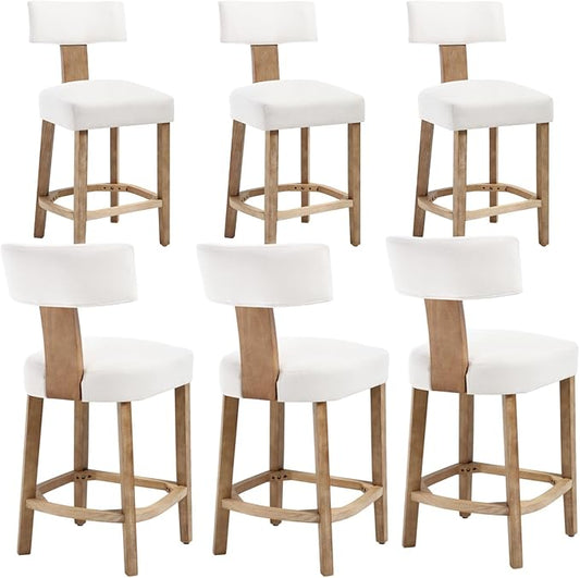 Linen Bar Stools Set of 6, Upholstered 27.7'' Counter Height Barstools with Curved Back, Farmhouse Wood Bar Chairs for Breakfast, Kitchen Island, Cafe, Cream