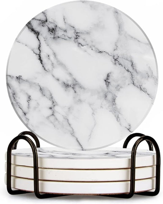 Ceramic Coasters Set of 4 with Holder Round Water Absorbent White Classic Marble Coasters Tabletop Protection,Wine Beer Bar Coasters,Home Decor，4 Inch